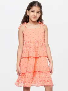 Global Desi Girls Coral & White Floral Layered Empire Dress