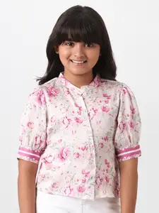 AND Girls Cream-Coloured & Pink Floral Print Linen Shirt Style Top