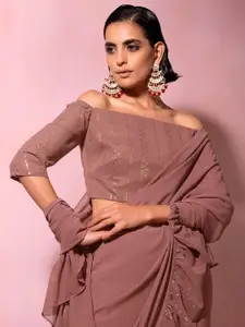 Rang by Indya Women Pink Geometric Printed Off-Shoulder Bardot Crop Top