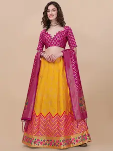 Vaidehi Fashion Yellow & Pink Banarasi Silk Semi-Stitched Lehenga Choli