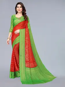 Winza Designer Red & Green Woven Design Zari Pure Chiffon Saree