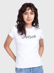 Bewakoof Women White Typography Printed Cotton Slim Fit T-shirt
