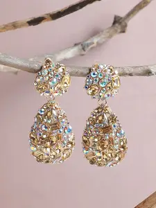 SOHI Gold-Toned Stones Contemporary Drop Earrings