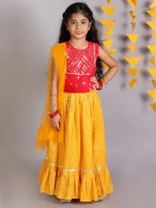 LIL DRAMA Girls Red & Yellow Embellished Ready to Wear Lehenga & Choli With Dupatta