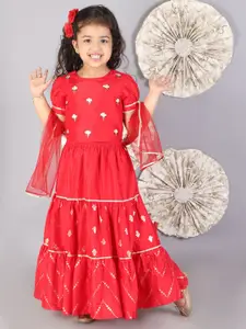 LIL DRAMA Girls Red & Silver-Toned Embellished Ready to Wear Lehenga & Choli With Dupatta
