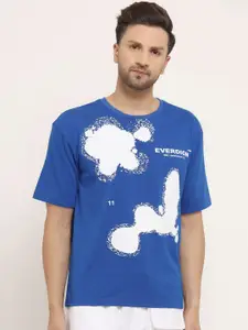 EVERDION Men Blue Printed Drop-Shoulder Sleeves Bio Finish Oversized T-shirt