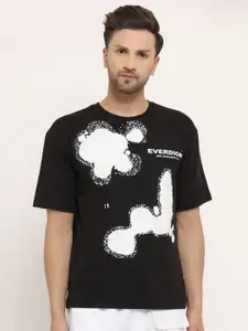 EVERDION Men Black & White Abstract Printed Drop Shoulder Sleeves Bio Finish Oversized T-shirt
