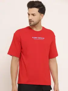 EVERDION Men Red Typography Printed Drop-Shoulder Sleeves Bio Finish Oversized T-shirt