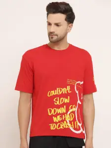 EVERDION Men Red Typography Printed Bio Finish Oversized T-shirt