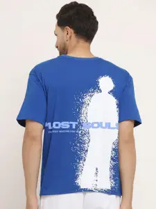 EVERDION Men Blue & White Typography Printed Bio Finish Oversized T-shirt