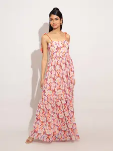 20Dresses Red & White Printed Floral Chiffon Shoulder Straps Maxi Dress