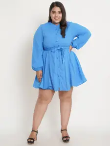 IX IMPRESSION Women Plus Size Blue Tie-Up Shirt Dress