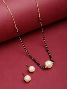 PANASH WOMEN Gold-Plated White Pearl & Beads Handcrafted Mangalsutra with Earrings
