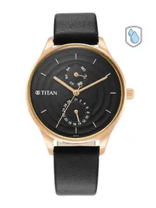 Titan Women Black Brass Dial Gold Toned Analogue Watch With Black Leather Straps