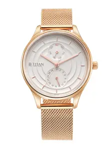 Titan Women White Brass Dial & Gold Toned Stainless Steel Bracelet Style Straps Analogue Watch