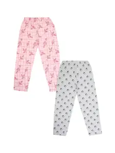 V-Mart Girls Pack of 2 Pink & Grey Melange Printed Cotton Lounge Pants