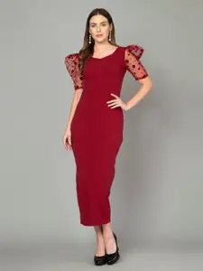 IUGA Maroon Sweetheart Neck Puff Sleeve Maxi Dress
