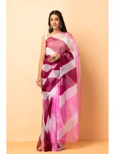 Geroo Jaipur Pink & White Leheriya Beads and Stones Organza  Leheriya Saree