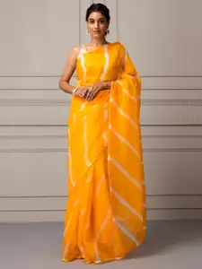 Geroo Jaipur Yellow & White Leheriya  Organza  Leheriya Saree