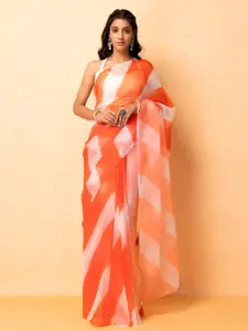 Geroo Jaipur Orange & White Leheriya Organza  Saree
