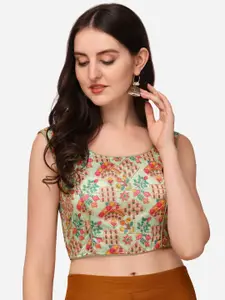 PUJIA MILLS Women Green Silk Coloured Embroidered & Digital Printed Saree Blouse