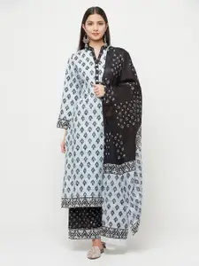 Safaa Blue & Black Printed Unstitched Dress Material