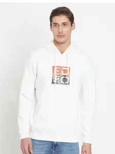 EDRIO Men White Printed Hooded Sweatshirt