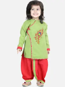 BownBee Boys Green Embroidered Thread Work Pure Cotton Kurti with Dhoti Pants