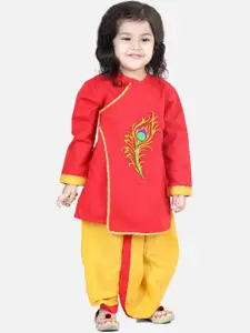 BownBee Boys Red Thread Work Pure Cotton Kurti with Dhoti Pants