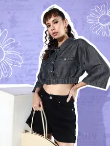 DressBerry Jet Black Boxy Fit Pure Cotton Utility Chambray Cropped Casual Shirt