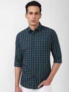 Van Heusen Sport Men Navy Blue Slim Fit Tartan Checks Checked Cotton Casual Shirt