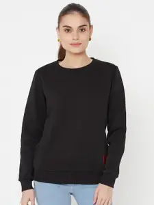 EDRIO Women Black Fleece Patch Logo Sweatshirt  With Pocket