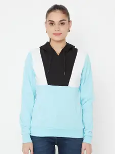 EDRIO Women Blue Colourblocked  All-Season Hooded Sweatshirt