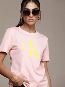 Calvin Klein Jeans Women Peach-Coloured Brand Logo Printed Pure Cotton Applique T-shirt