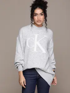 Calvin Klein Jeans Women Grey Melange Printed Pullover Sweater