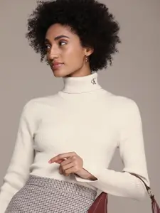 Calvin Klein Jeans Women Beige Ribbed Turtle Neck Pullover Sweater