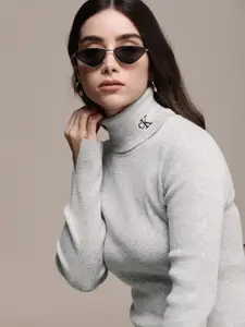 Calvin Klein Jeans Women Grey Solid Turtle Neck Pullover