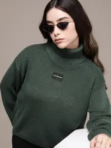 Calvin Klein Jeans Women Green Solid Turtle Neck Cable Knit Pullover