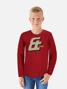 Gini and Jony Boys Red Typography Printed Applique T-shirt