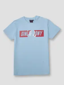 Gini and Jony Boys Blue Typography Half Sleeves T-shirt