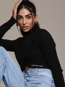 Calvin Klein Jeans Women Black Self Design Turtle-Neck Wrap Crop Pullover Sweater