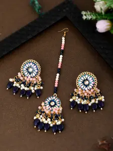 Shoshaa Gold-Plated Black & Peach-Coloured Beads Meenakari Earrings with Maangtikka