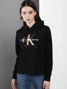 Calvin Klein Jeans Women Black Brand Logo Embroidered Pure Cotton Hooded Sweatshirt