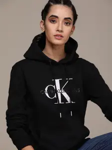 Calvin Klein Jeans Women Black Printed Hooded Sweatshirt