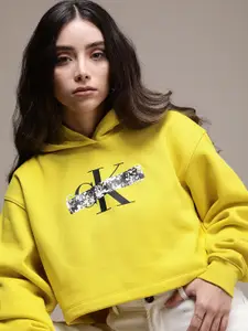 Calvin Klein Jeans Women Yellow Brand Logo Printed Applique Crop Hooded Sweatshirt