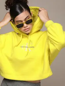 Calvin Klein Jeans Women Yellow Brand Logo Embroidered Hooded Crop Sweatshirt