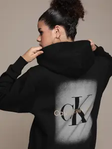 Calvin Klein Jeans Women Black Brand Logo Printed Hooded Sweatshirt