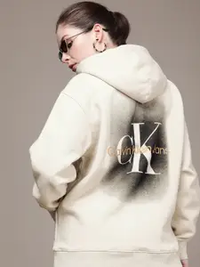 Calvin Klein Jeans Women Beige Brand Logo Printed Applique Hooded Sweatshirt
