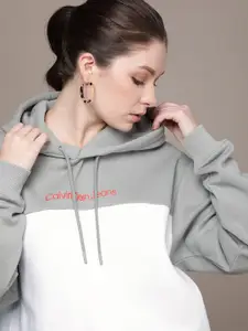Calvin Klein Jeans Women Grey And White Colourblocked Hooded Sweatshirt