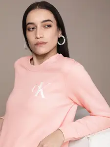 Calvin Klein Jeans Women Peach-Coloured Brand Logo Printed Sweatshirt
